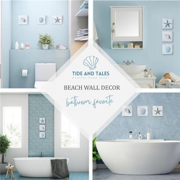 Seashell Decor with Starfish for Beach Bathroom Decor, - Picture 2 of 7